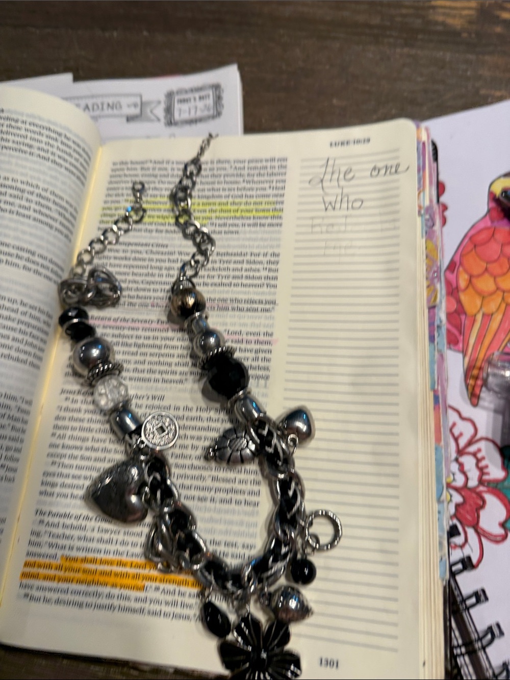 Chunky silver and black Charmed I'm sure  heart verse  Luke 10:27 necklace 21” - Picture 12 of 16